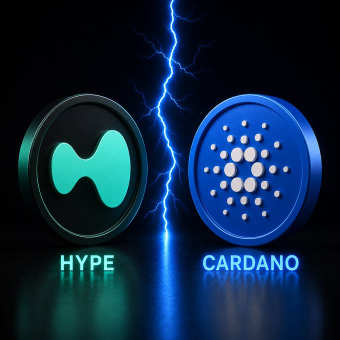 A dramatic digital render of two cryptocurrency coins, 'HYPE' (green) and 'CARDANO' (blue), separated by a glowing blue lightning bolt against a dark background.