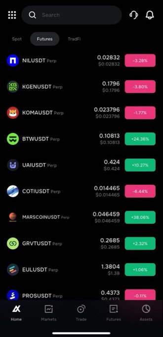 A mobile app screenshot showing a list of cryptocurrency perpetual futures contracts including NILUSDT, KGENUSDT, KOMAUSDT, BTWUSDT, UAIUSDT, COTIUSDT, MARSCOINUSDT, GRVTUSDT, EVLUSDT, and PROSUSDT with their prices and percentage changes.