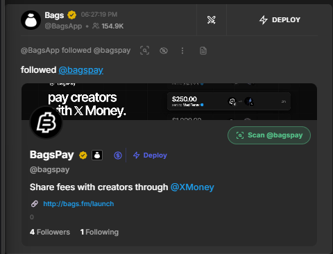 A screenshot of an X (Twitter) post from @BagsApp announcing that it followed @bagspay, promoting the BagsPay token with a price of $250.00.