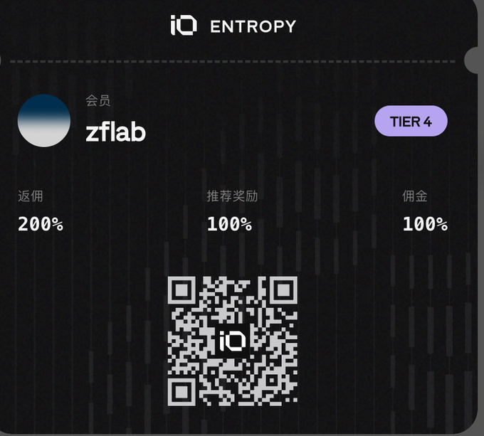 Tier 4 membership card for iQ ENTROPY showing user 'zflab' with 200% returns (返佣), 100% referral rewards (推荐奖励), and 100% commission (佣金), along with a QR code.