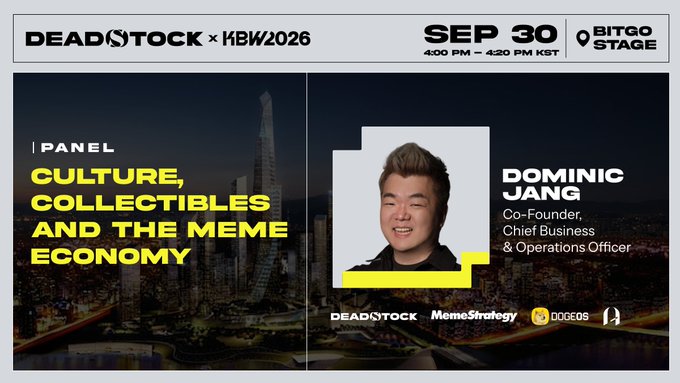 Event banner for DEADSTOCK x KBW2026 on SEP 30 at the BITGO STAGE, advertising a panel titled 'CULTURE, COLLECTIBLES AND THE MEME ECONOMY' featuring Dominic Jang, Co-Founder, Chief Business & Operations Officer.