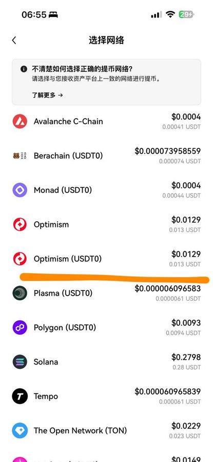 A mobile app screen titled '选择网络' (Select Network) in Chinese, showing a list of blockchain networks and their gas fees, with an orange line underlining the 'Plasma (USDT0)' option.