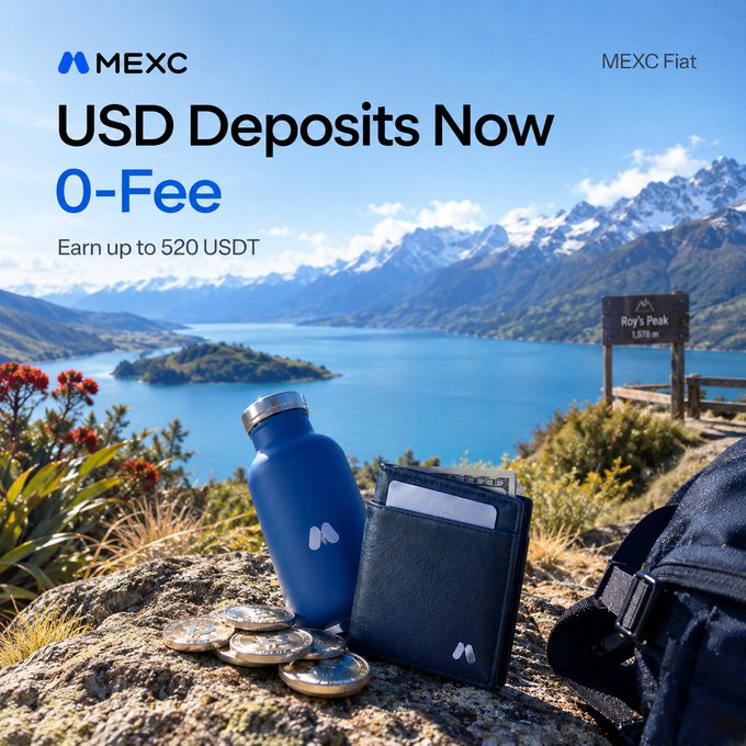 A promotional banner for MEXC Fiat advertising 'USD Deposits Now 0-Fee' with a chance to 'Earn up to 520 USDT,' featuring a blue water bottle and wallet on a rocky landscape with mountains and a lake.
