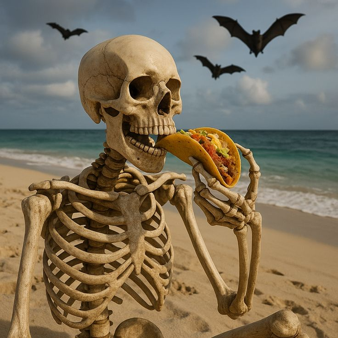 Surreal AI-generated image of a human skeleton sitting on a beach eating a hard-shell taco, with three bats flying in the cloudy sky and ocean waves in the background.
