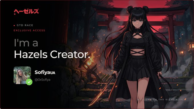 A banner showing 'I'm a Hazels Creator' with the username 'Sofiyaua' and '@0xSofiya' next to an anime-style character in black with twin buns in front of a red torii gate.