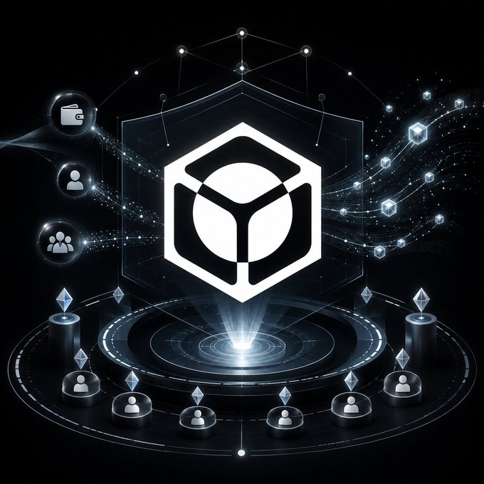 A futuristic digital illustration featuring a glowing hexagonal cube logo surrounded by connected user icons and small blockchain cube graphics on a dark background.
