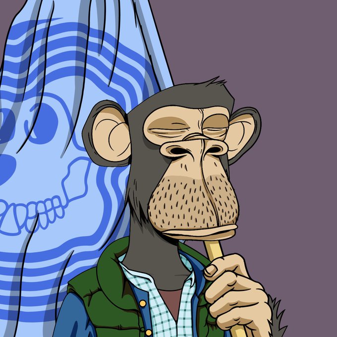 A cartoon illustration of a bored-looking chimpanzee holding a stick in front of a blue and white striped pattern.