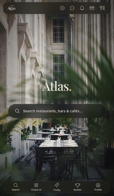 Screenshot of the 'Atlas' mobile app showing a search bar for 'restaurants, bars & cafés' overlaid on a photo of an outdoor restaurant, with navigation tabs for Search, Check-in, Trinity, Quests, and Profile.