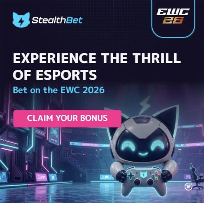 A promotional ad for StealthBet features a smiling robot mascot holding a game controller in a neon-lit esports arena, with text reading "EXPERIENCE THE THRILL OF ESPORTS," "Bet on the EWC 2026," and a pink "CLAIM YOUR BONUS" button. The ad supports the accompanying post's offer of up to 3,000 USDT plus 200 free spins for betting on the Esports World Cup, tying the gaming imagery to the promotional link.