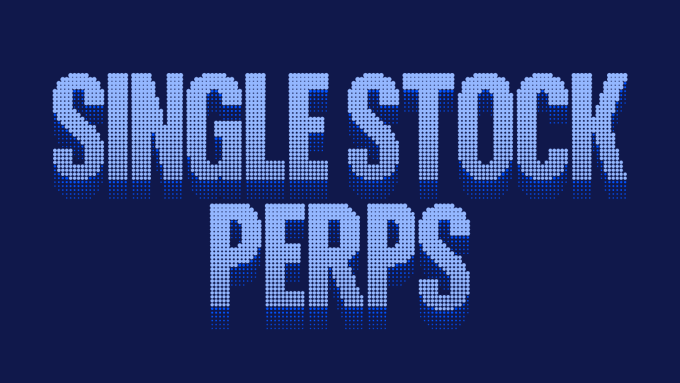 A dark blue background displays the text "SINGLE STOCK PERPS" in a stylized, dotted font resembling LED or pixel art.