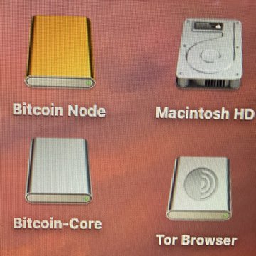 A digital illustration comparing a book labeled 'Bitcoin Node', a hard drive labeled 'Macintosh HD', a book labeled 'Bitcoin-Core', and a hard drive labeled 'Tor Browser' against a textured red background.