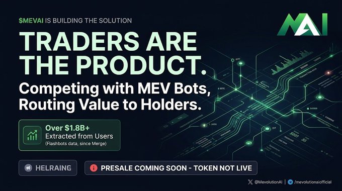 A promotional banner for "$MEVAI" with text reading "TRADERS ARE THE PRODUCT. Competing with MEV Bots, Routing Value to Holders." and "Over $1.8B+ Extracted from Users," noting "PRESALE COMING SOON - TOKEN NOT LIVE".