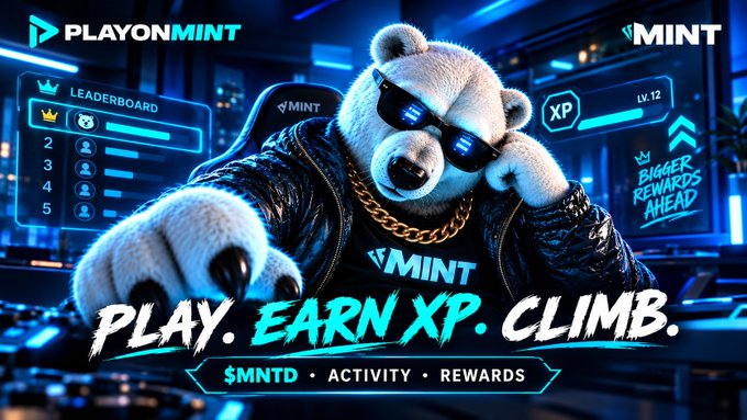 A digital advertisement for "PLAYONMINT" featuring an anthropomorphic bear wearing sunglasses and a leather jacket, with text reading "PLAY. EARN XP. CLIMB." and "$MNTD · ACTIVITY · REWARDS."