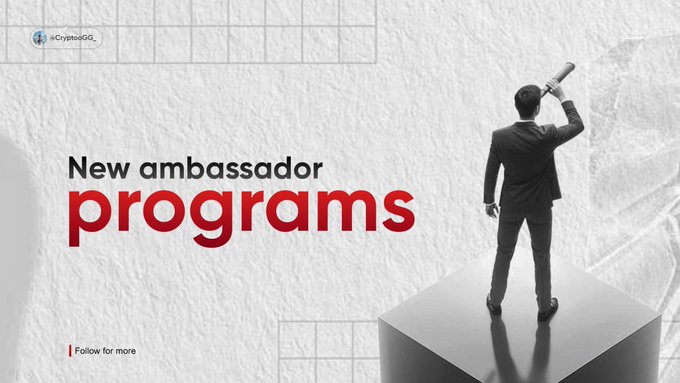 A promotional graphic features a man in a suit standing on a pedestal, looking through a telescope, with the text "New ambassador programs" alongside the @CryptoGG_ handle and "Follow for more" prompt—visually reinforcing the post's call to action about applying to Web3 ambassador opportunities like ActionModelAI.