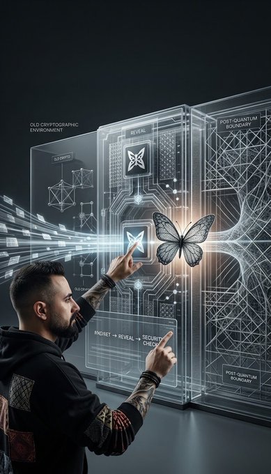 A digital artwork depicts a tattooed man in a hoodie interacting with futuristic holographic interfaces displaying the text "QKD CRYPTOGRAPHIC ENVIRONMENT", "POST-QUANTUM BOUNDARY", and "INGEST → REVEAL → SECURITY CHECK", alongside a glowing butterfly.