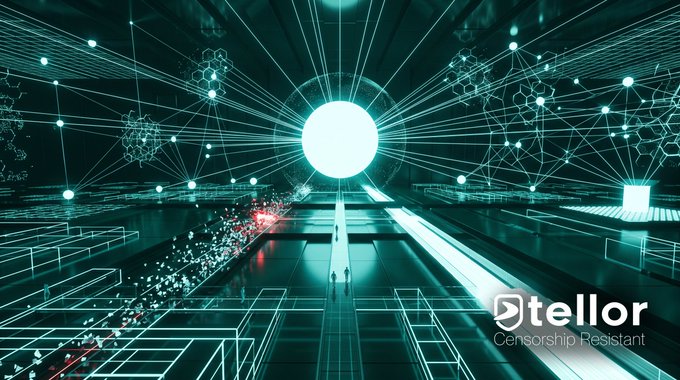 A futuristic digital artwork features a glowing white sphere at the center with radiating light beams and hexagonal patterns in teal tones, with the 'Dtellor Censorship Resistant' logo in the bottom right corner.