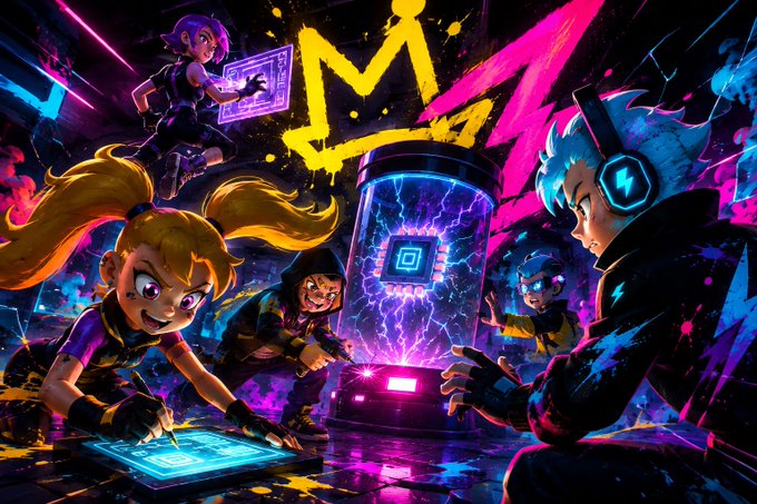 A dynamic, colorful illustration features several anime-style characters gathered around a glowing, electrified container emitting purple light.