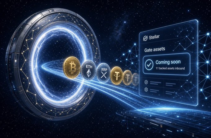 A futuristic space-themed graphic for "Stellar" showing a glowing portal with Bitcoin, Ethereum, XRP, and Tether logos, alongside a panel reading "Gate assets: Coming soon."
