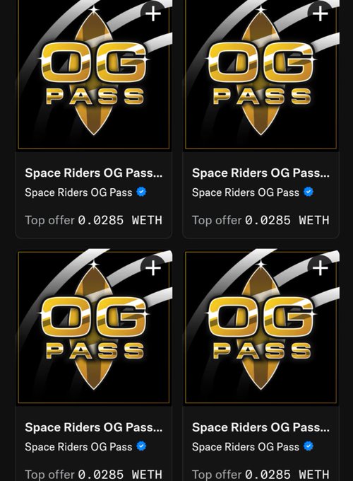 Four identical listings for a 'Space Riders OG Pass' NFT on a marketplace, each with a top offer of 0.0285 WETH.