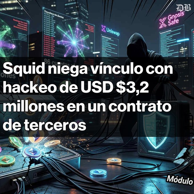 The image shows a person wearing a hoodie, standing over a computer desk with various electronic equipment such as wires, cables, and a monitor. The scene appears to be set in a dark room or office environment. There are also some coins scattered around on the desk. The caption of the image reads "Gran Revuelo en el Mundo Cripto Un ataque a un contrato llamado SquidRouterModule ha drenado USD $3,2 millones en Ethereum y Base. Squid, el protocolo cross-chain, ha aclarado que su infraestructura no fue comprometida. El exploit afectó 86 cuentas de Gnosis Safe en solo". The image is related to the post because it features a person in a hoodie with electronic equipment on a desk and coins scattered around, which could be part of an elaborate scheme or project involving cryptocurrency mining or other digital activities.