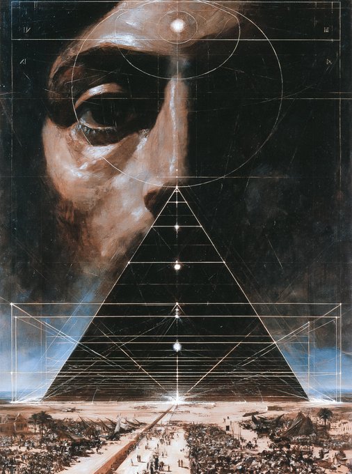 A surreal artwork depicting a large geometric pyramid over a desert scene with a colossal eye and face in the background, overlaid with circular and triangular sacred geometry symbols.