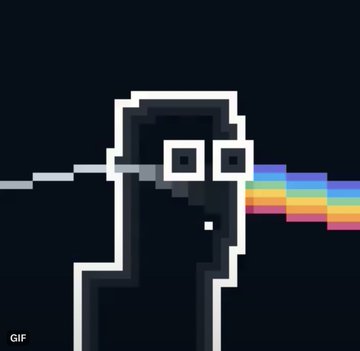 A pixel art animation of a black, hooded character wearing square white glasses, shooting a rainbow-colored beam from their face, with 'GIF' written in the bottom left corner.