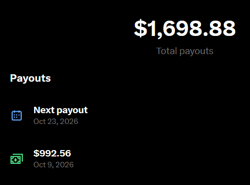 A dark-themed financial app screenshot showing total payouts of $1,698.88, with a next payout scheduled for Oct 23, 2026 and a completed payout of $992.56 on Oct 9, 2026.