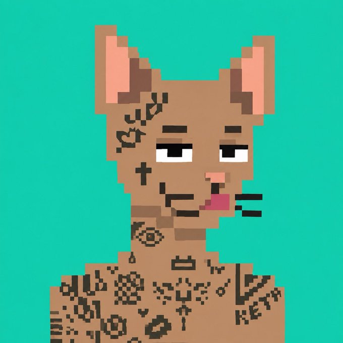 Pixel art illustration of a brown cat character with various tattoos (including an eye, swastika, and 'HETR' text) and a cigarette in its mouth, set against a teal background.