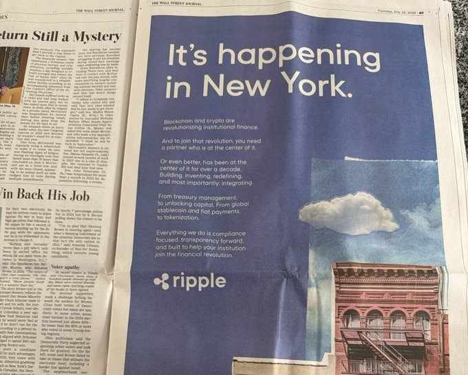 A full-page Ripple advertisement appears in The Wall Street Journal, featuring the headline "It's happening in New York" with text highlighting blockchain and crypto's role in revolutionizing institutional finance. The ad displays the Ripple logo against a blue sky with clouds above a brick building, promoting their services in treasury management, tokenization, and stablecoin payments. This aligns with the post's claim of "institutional heat" for $XRP and $RLUSD, as a major publication like the WSJ signals Ripple's push toward traditional financial sector adoption.