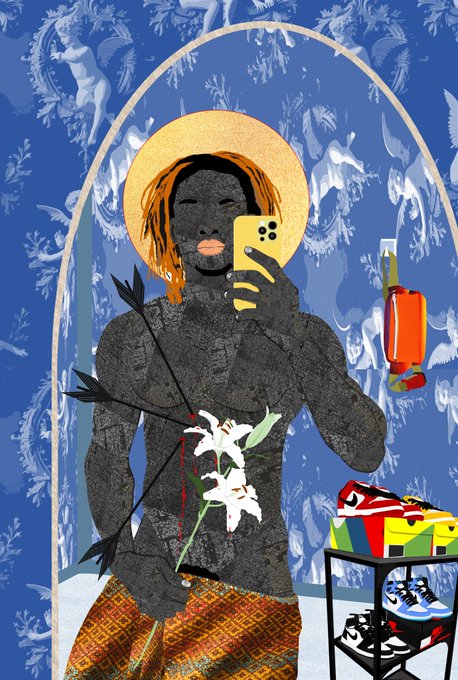 The image is an illustrated portrait of a black-silhouetted figure with a golden halo, taking a yellow smartphone selfie while holding white lilies, set against a blue wallpaper of cherubs with a shelf of colorful sneakers beside them. 

Reflecting the post's "Saints & Common Citizens" series, the artwork reinterprets traditional religious iconography—halos, lilies, and classical motifs—by merging them with modern, everyday symbols like a smartphone selfie and trendy sneakers, as seen in pieces titled "Saint Caluba" and "Saint Amina & Saint JK."