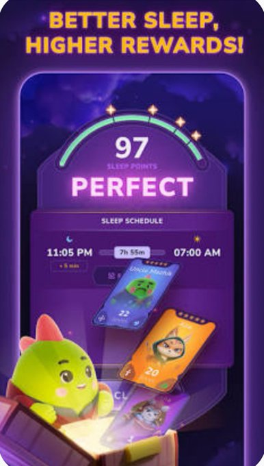 A purple-themed mobile app advertisement displays "BETTER SLEEP, HIGHER REWARDS!" with a sleep score of 97 labeled "PERFECT," showing a sleep schedule from 11:05 PM to 07:00 AM alongside a green cartoon dragon character.