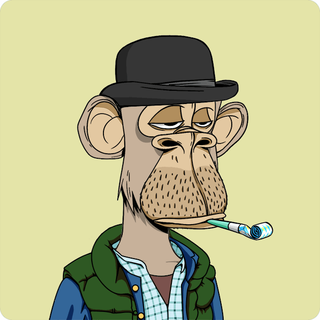 A cartoon illustration of a tired-looking monkey/ape character wearing a black bowler hat, green vest over a plaid shirt, with a lollipop/cigarette in its mouth against a yellow background.