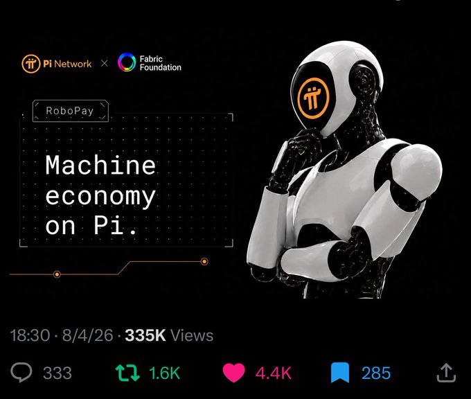 A promotional post from Pi Network x Fabric Foundation announces 'Machine economy on Pi' featuring a white robot with the Pi symbol, dated 8/4/26 with 335K views.