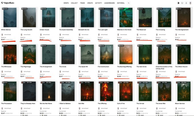 A screenshot of the 'SuperRare' NFT marketplace showing a grid of dark, atmospheric digital art listings with prices, reserves, and editions visible.