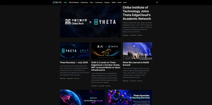 The Theta website homepage displays a featured article about 'Chiba Institute of Technology Joins Theta EdgeCloud's Academic Network' alongside other posts including 'Theta Roundup — July 2026' and 'GLM-5.2 Lands on Theta EdgeCloud'.