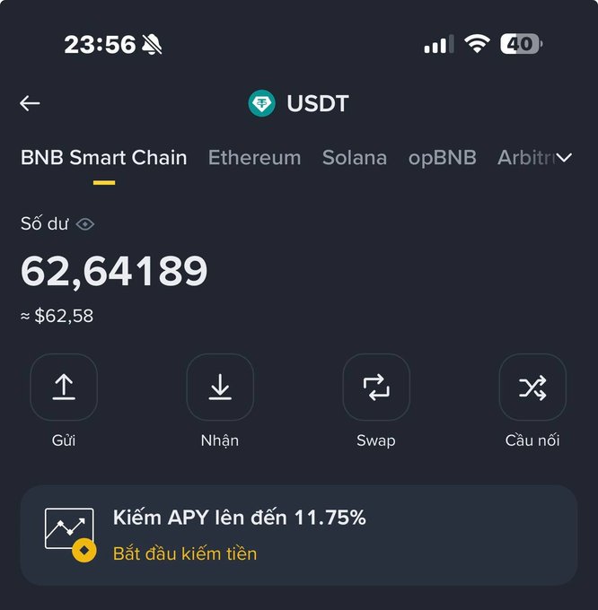 A cryptocurrency wallet app displays a USDT balance of 62.64189 (~$62.58) on the BNB Smart Chain, with options for Send, Receive, Swap, and Bridge, and a promotional banner offering up to 11.75% APY.