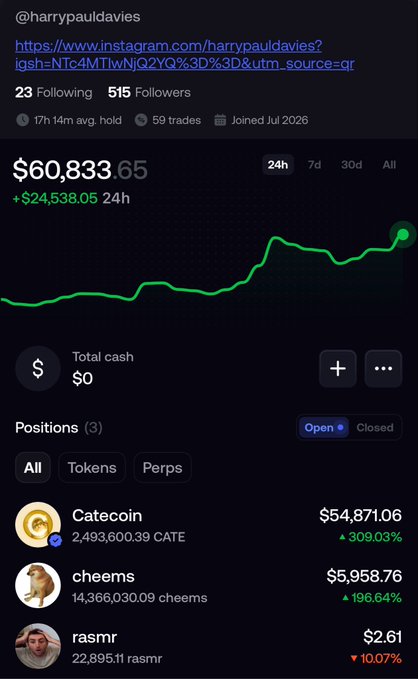 A screenshot of user @harrypauldavies's portfolio shows a total balance of $60,833.65, up $24,538.05 in 24 hours, driven by a massive 309.03% gain on $CATE ($54,871.06). The post humorously recommends buying $CATE (Catecoin) based on this impressive performance, while poking fun at a small $2.61 position in $rasmr shown at a 10.07% loss.