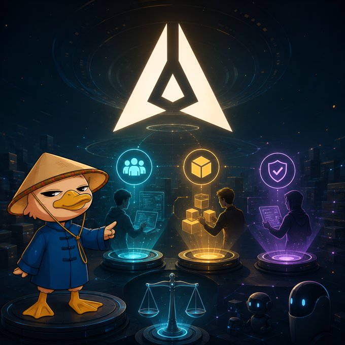 A digital artwork featuring a glowing triangular logo at the top, a duck character wearing a conical hat and blue traditional clothing giving a thumbs-up on the left, and three silhouettes working on holographic displays in the center, surrounded by icons representing people, packages, security, scales of justice, and small robots.