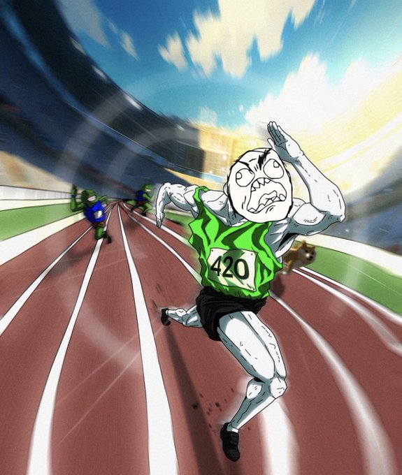 A cartoonish illustration of a panicked muscular runner wearing bib '420' on a track, with other runners behind him.