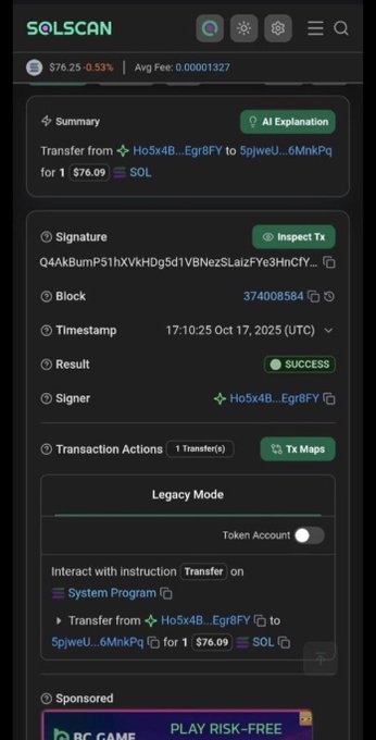 The image shows a Solscan transaction page for a transfer of 1 SOL (worth $76.09) between wallets Ho5x4B...Egr8FY and 5piweU...6MnkPq, which contrasts with the post's complaint about how a small 1 SOL transfer could possibly incur 22k in fees.