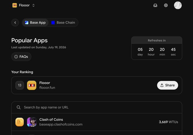 A dashboard interface for 'Flooor' (floooor.fun) showing 'Popular Apps' and 'Base App'/'Base Chain' tags, with a countdown timer and a ranking for the app alongside 'Clash of Coins'.