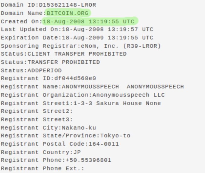 A WHOIS domain registration record showing BITCOIN.ORG was created on 18-Aug-2008 by Anonymousspeech LLC, registered in Tokyo, Japan.