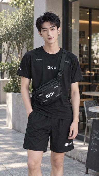 A young man with dark hair models a black streetwear outfit consisting of a graphic t-shirt, matching shorts, and a crossbody bag with 'OKX' branding.