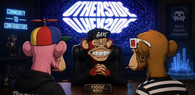 The image features a cartoon scene of three monkeys sitting around a table with a sign that says "Otherside" above them. The monkeys are wearing hats, and one of them has a camera around their neck. A person can be seen standing behind the table in the background. The text on the image reads "Focus on what is in the image and how it relates to the post @Escapation And @tropicalvirtual Officially Join The @OthersideMeta Team, According To @yugalabs CEO @mfigge Read more below:".