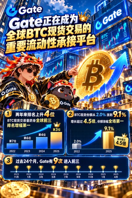 A promotional graphic for Gate cryptocurrency exchange advertising its rise to a top global BTC spot trading platform, featuring a mascot in traditional Chinese attire and charts showing rankings climbing from 7th in 2022 to 3rd in 2025, with 9.1% market share growth.