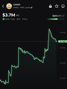 The image shows a stock chart with a green line graph that indicates a market rally for the cryptocurrency LMAO. The line starts at $3.7M in today's time, then increases over time indicating an upward trend in value. In this particular image, the price of the coin is $33.8M, which reflects its current worth after the rally. This suggests that the market sentiment has been positive, and investors have likely seen potential gains on their investments in LMAO.