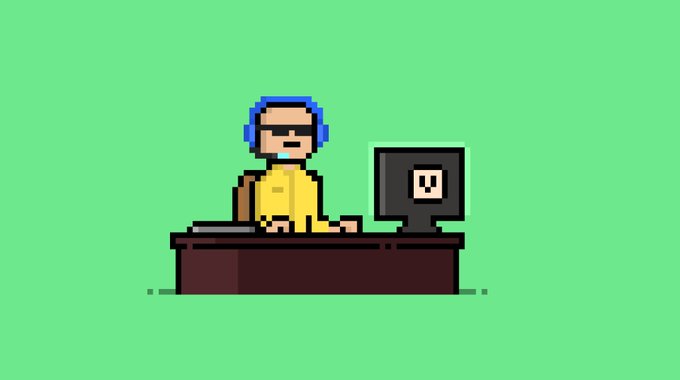 Pixel art animation style image of a person wearing a yellow hoodie, sunglasses, and blue headphones, sitting at a desk in front of a computer monitor against a green background.