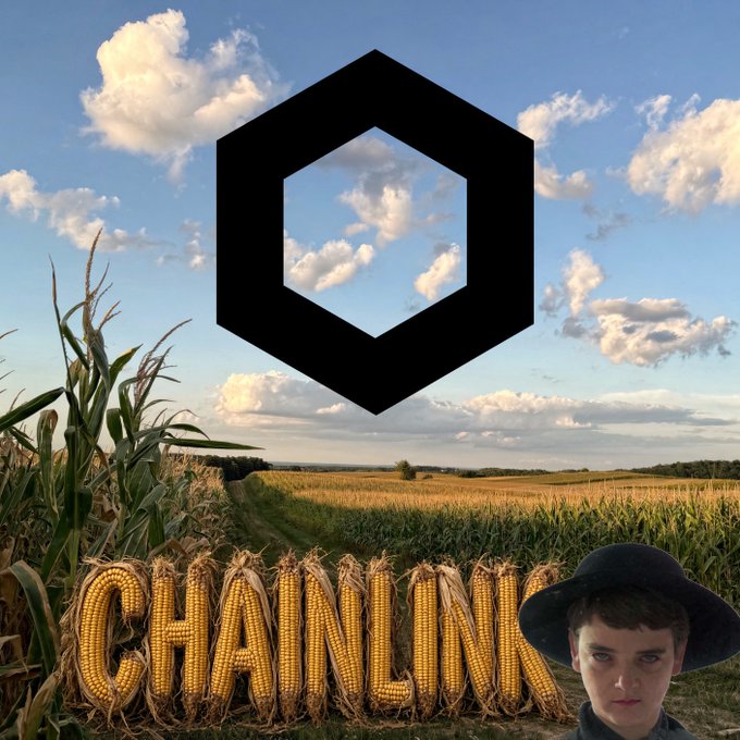 A surreal collage featuring the word 'CHAINLINK' spelled in corn cobs, a person in a dark hat, and a black hexagonal logo over a cornfield.