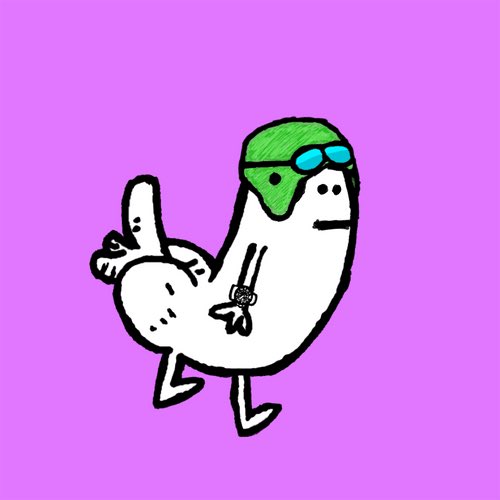 A hand-drawn white bird-like mfer character with a green cap and sunglasses stands on a pink background, representing the NFT "mferdickbutt #762" that was just sold for 0.0039 WETH ($7.43).