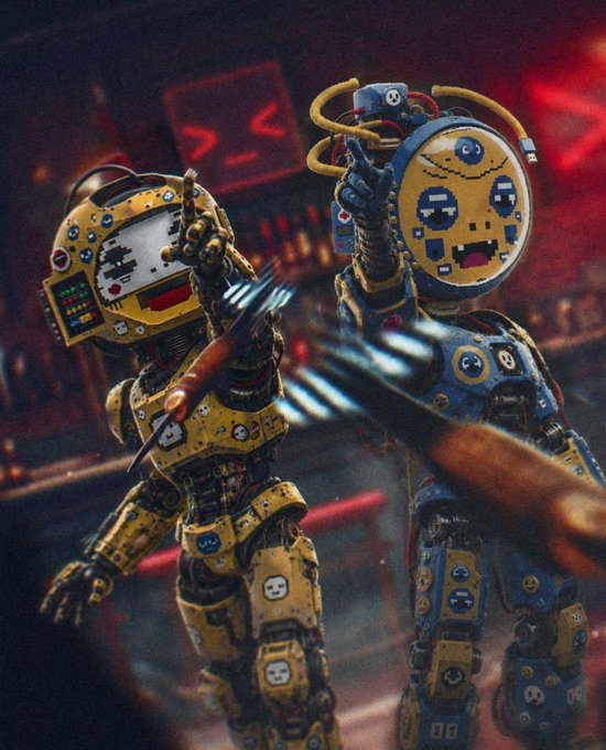 Two damaged, yellow and blue robots with pixelated faces in a dark, red-lit environment.